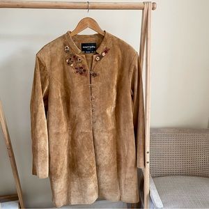 Vintage Suede Leather Embroidered Floral Longline Jacket in Camel